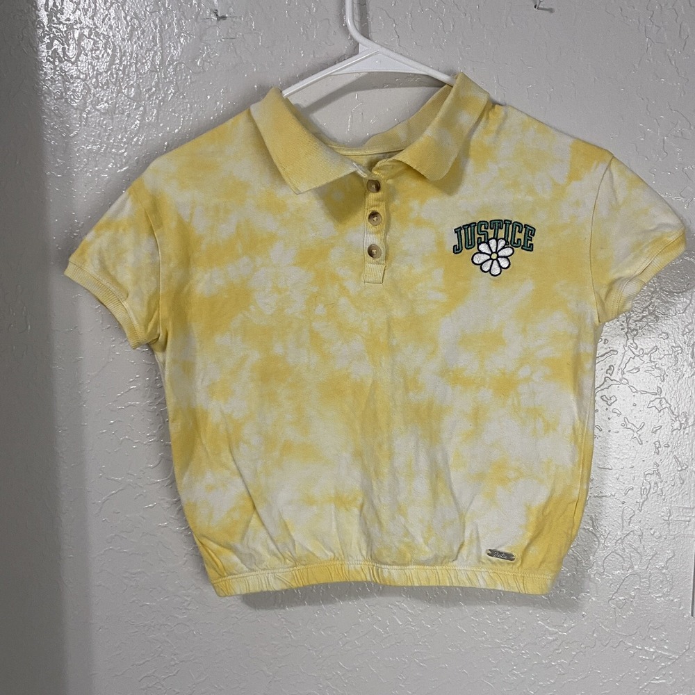 Justice Girls Yellow Tie Dye Crop Polo Shirt Daisy Logo Short Sleeve Top